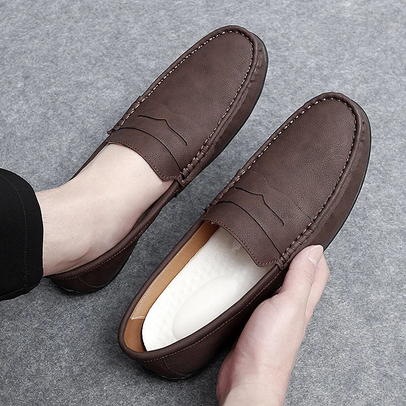 Men's genuine leather penny loafers slip-on brown classic hand-stitched vamp detailing casual comfort