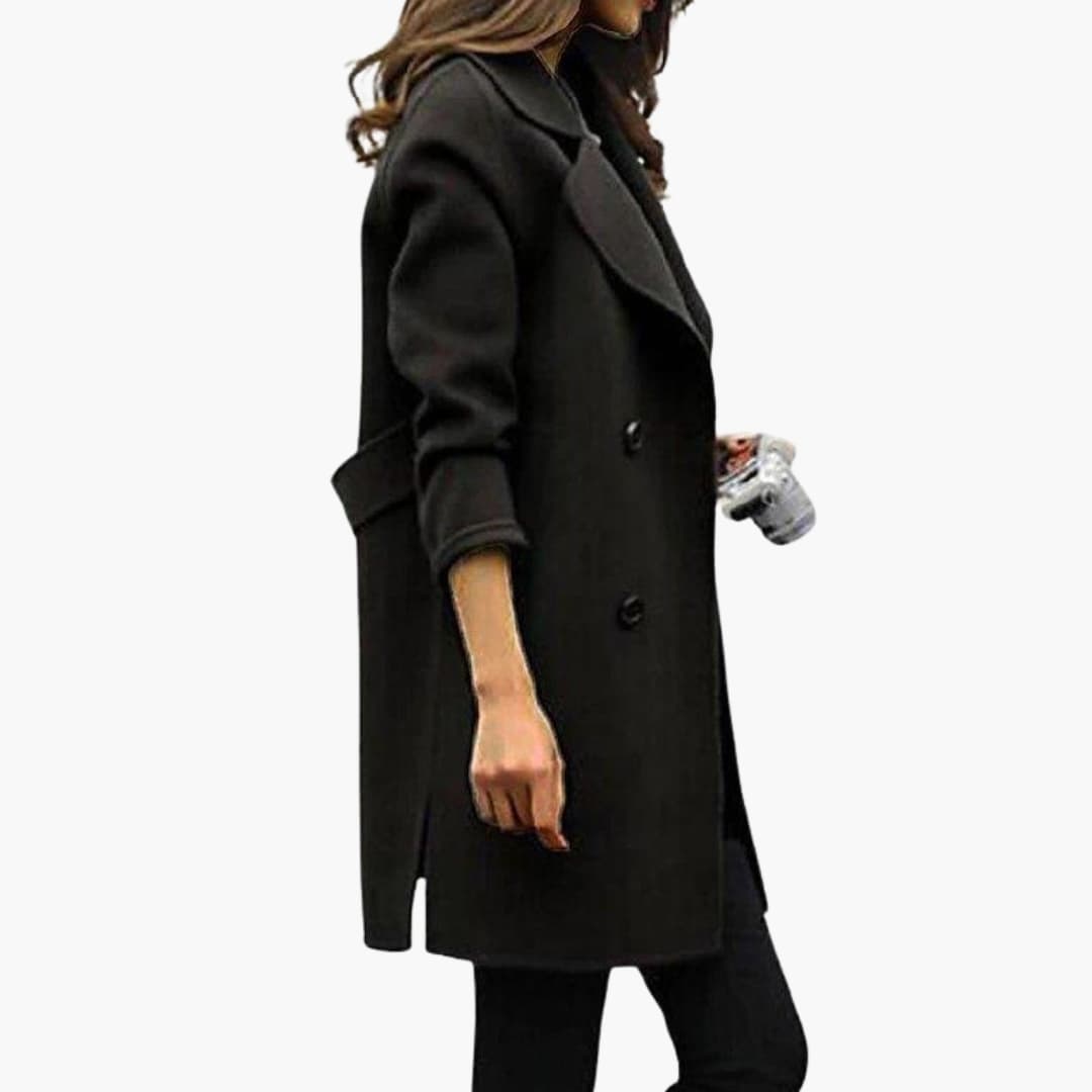 Women's beige double-breasted trench coat notched lapel collar structured tailored silhouette classic style