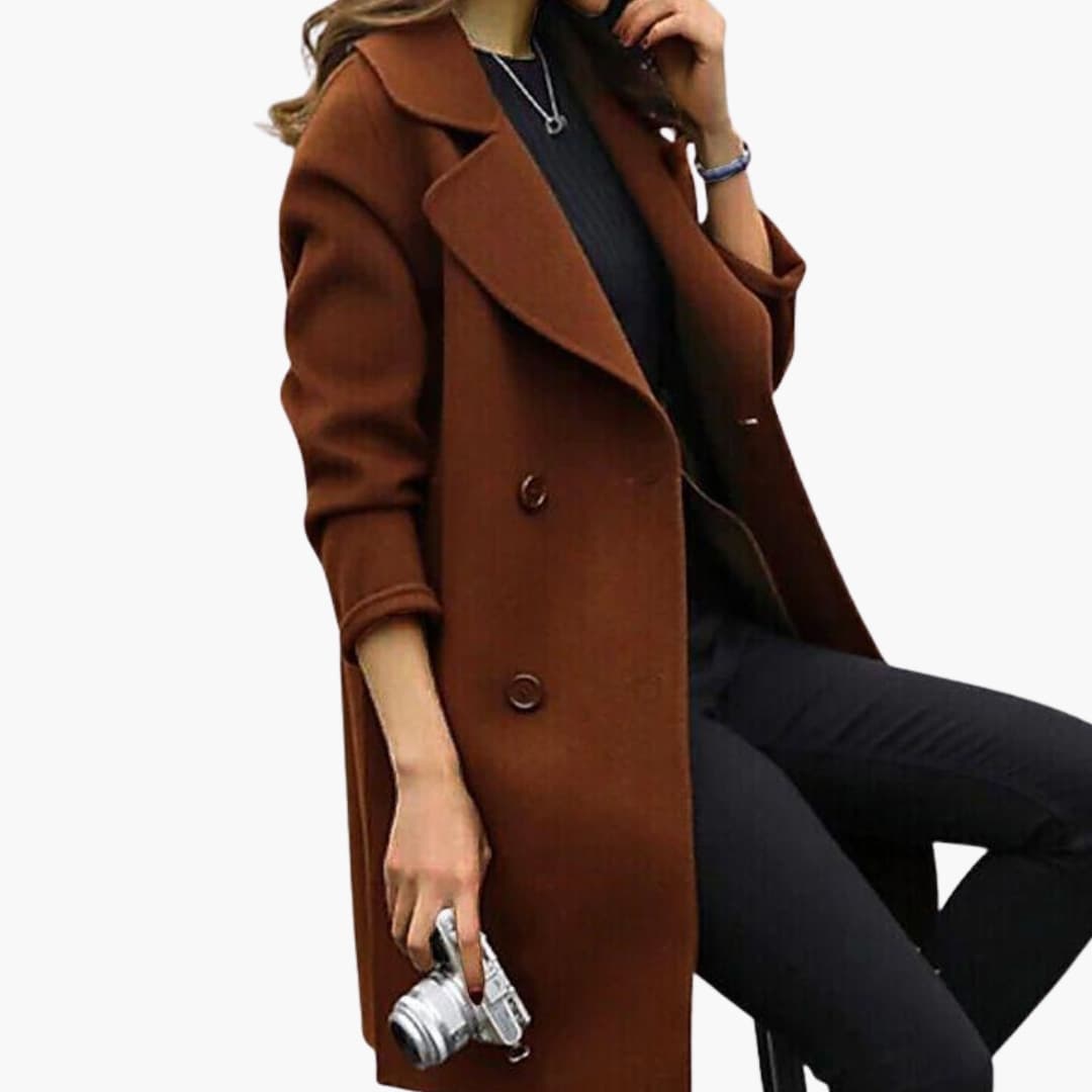 Women's beige double-breasted trench coat notched lapel collar structured tailored silhouette classic style