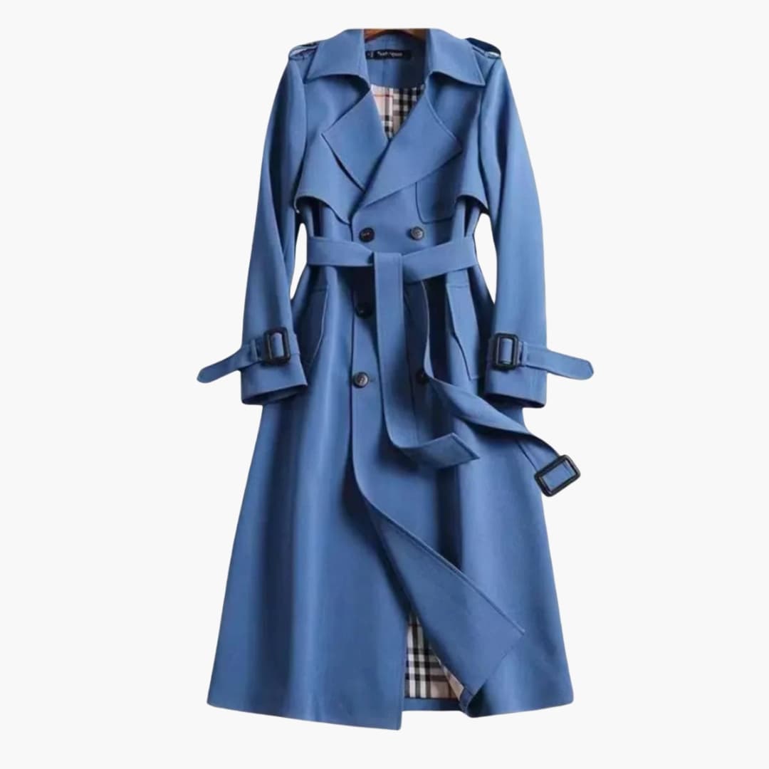Women's long belted trench coat structured lapel button closure belted cuffs office-ready versatile outerwear