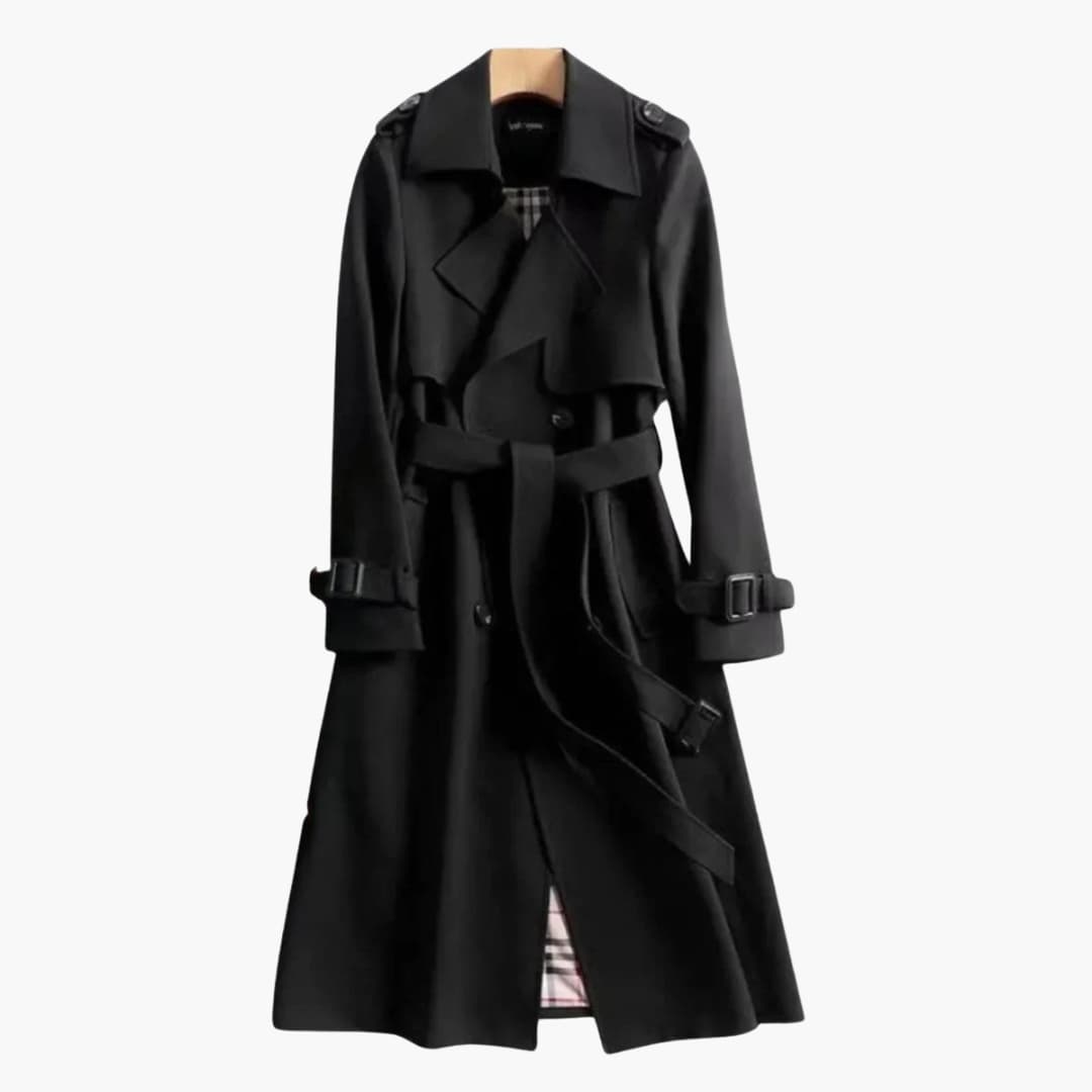 Women's long belted trench coat structured lapel button closure belted cuffs side pockets office-ready