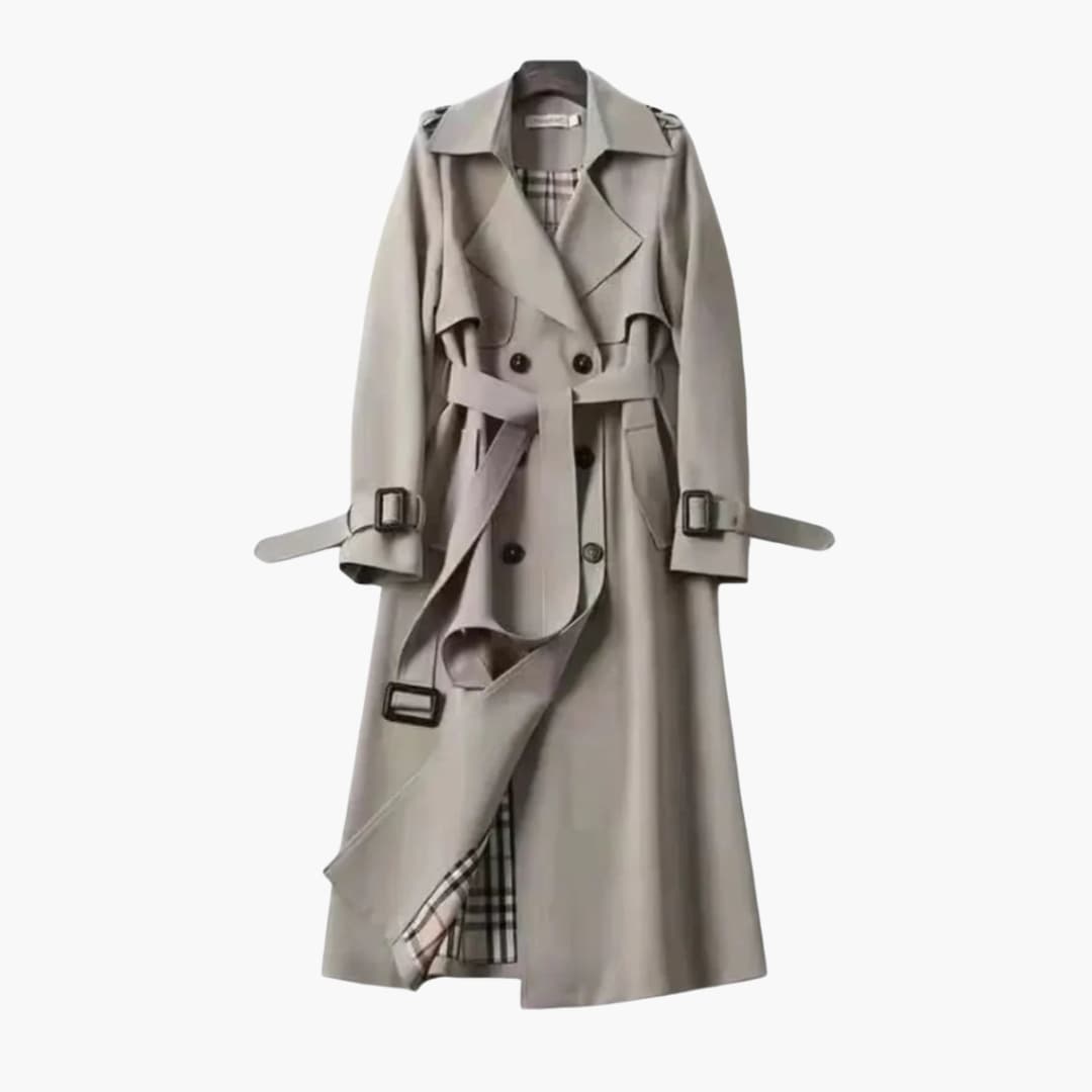 Women's long belted trench coat with structured lapel, button closure, belted cuffs, office-ready versatile style