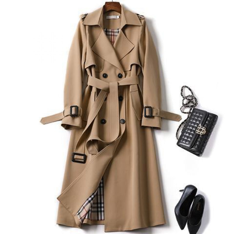 Women's longline belted trench jacket structured double-breasted silhouette polished tailored everyday wear