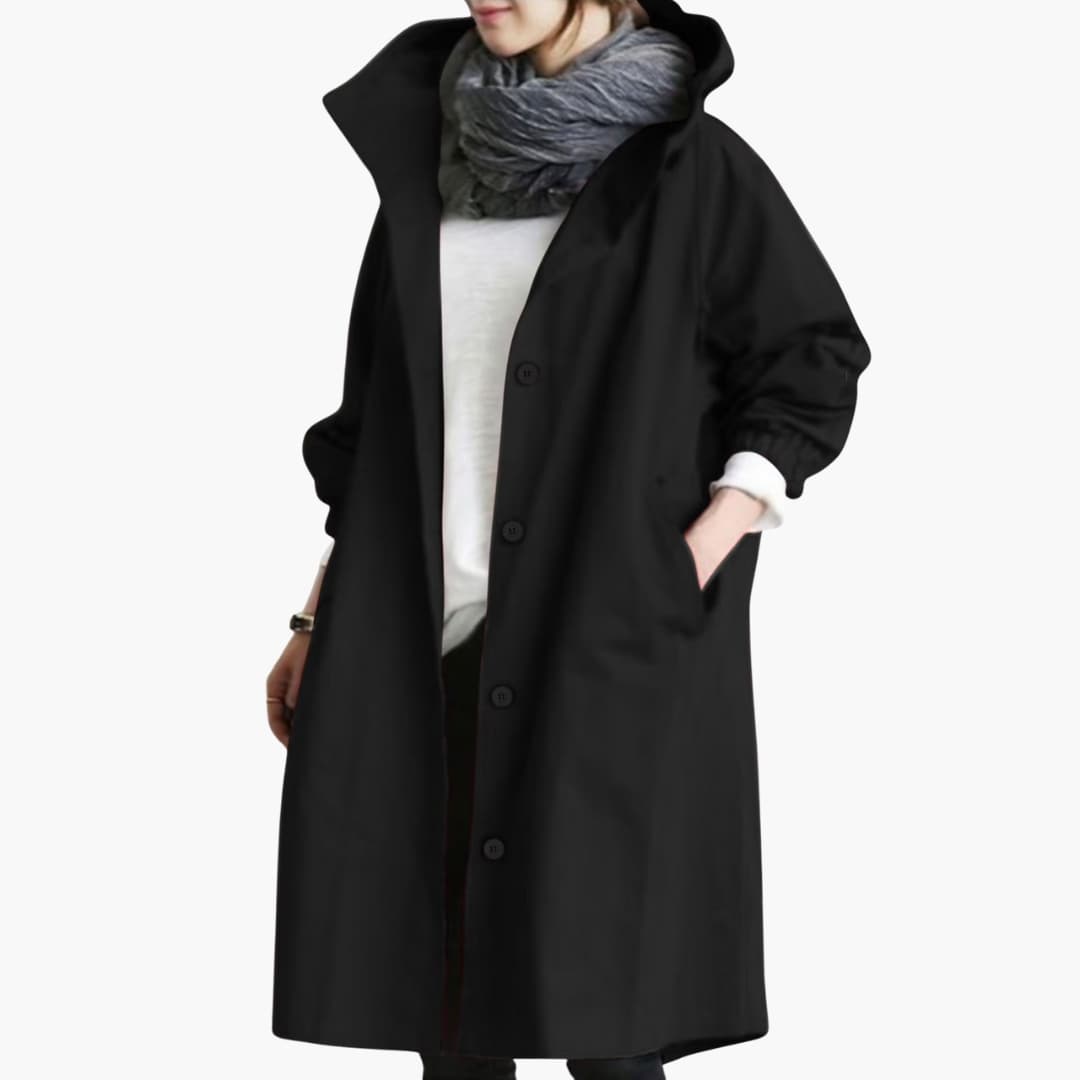 Women's structured hooded trench coat classic silhouette with button closure and front pockets