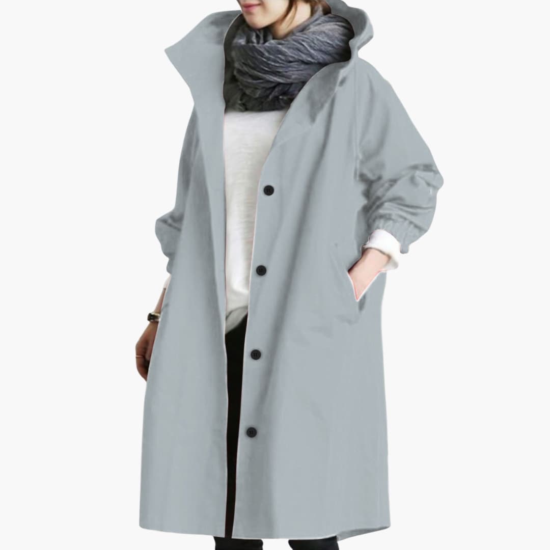 Women's structured hooded trench coat classic cut button closure front pockets versatile outerwear