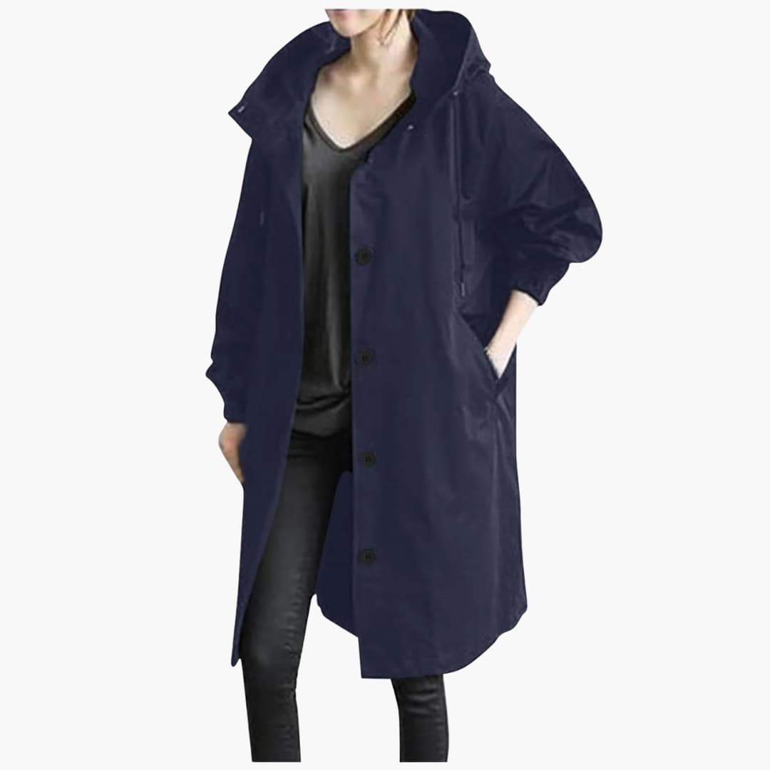 Women's structured hooded trench coat classic silhouette with button closure and front pockets