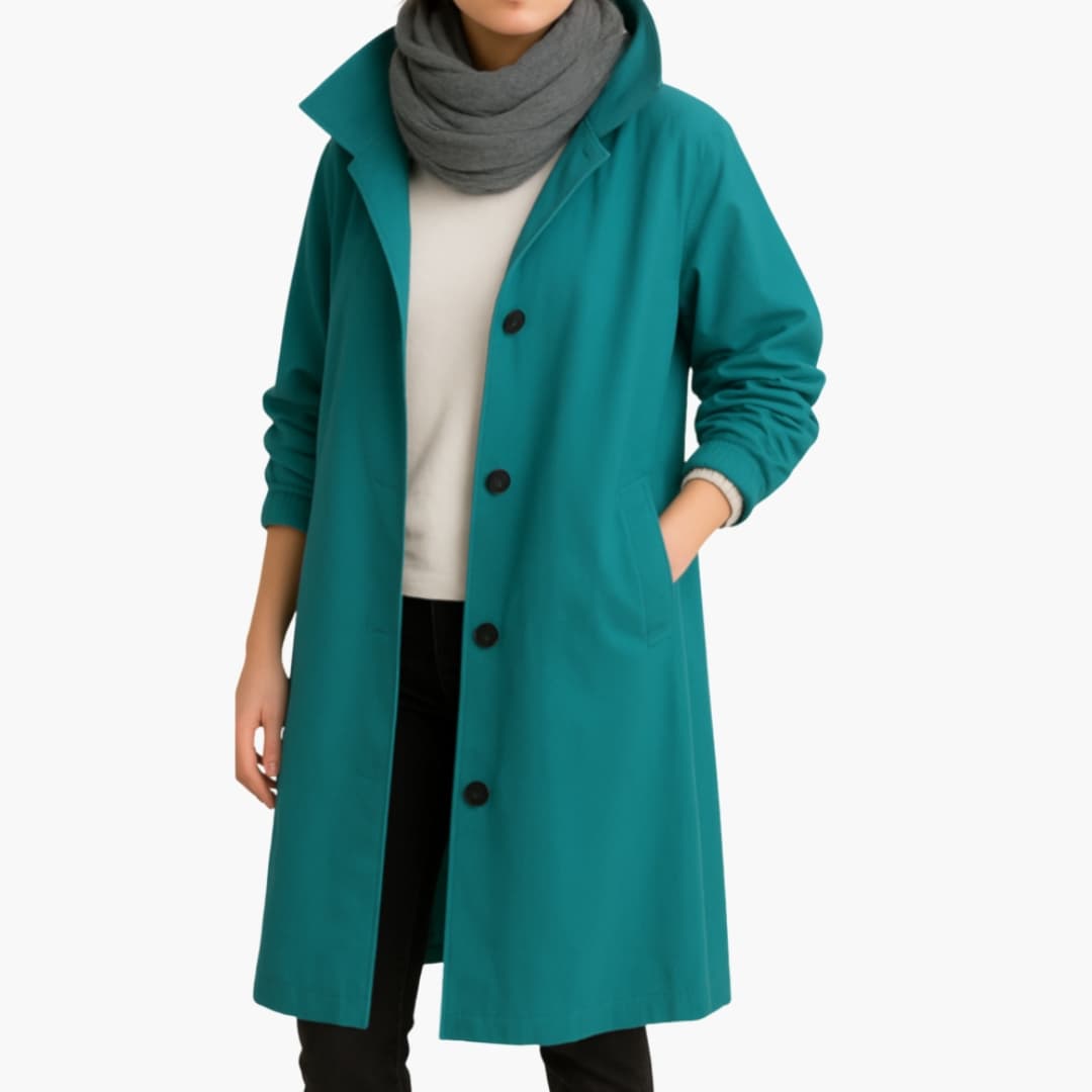 Women's structured hooded trench coat classic silhouette with button closure and front pockets