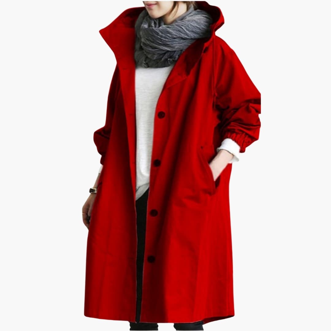Women's structured hooded trench coat classic silhouette button closure front pockets versatile outerwear