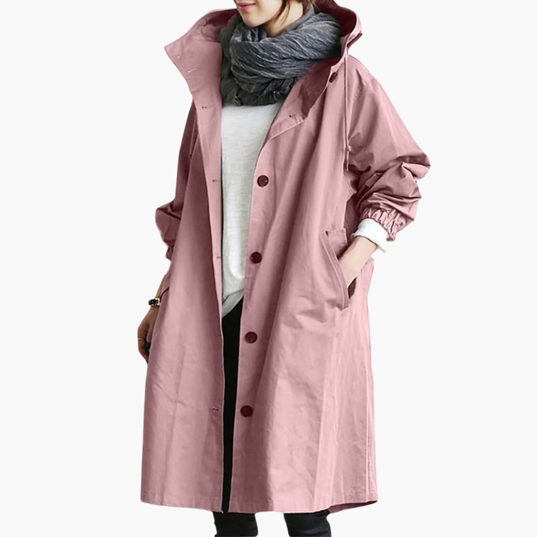 Women's structured hooded trench coat classic silhouette button closure front pockets versatile outerwear