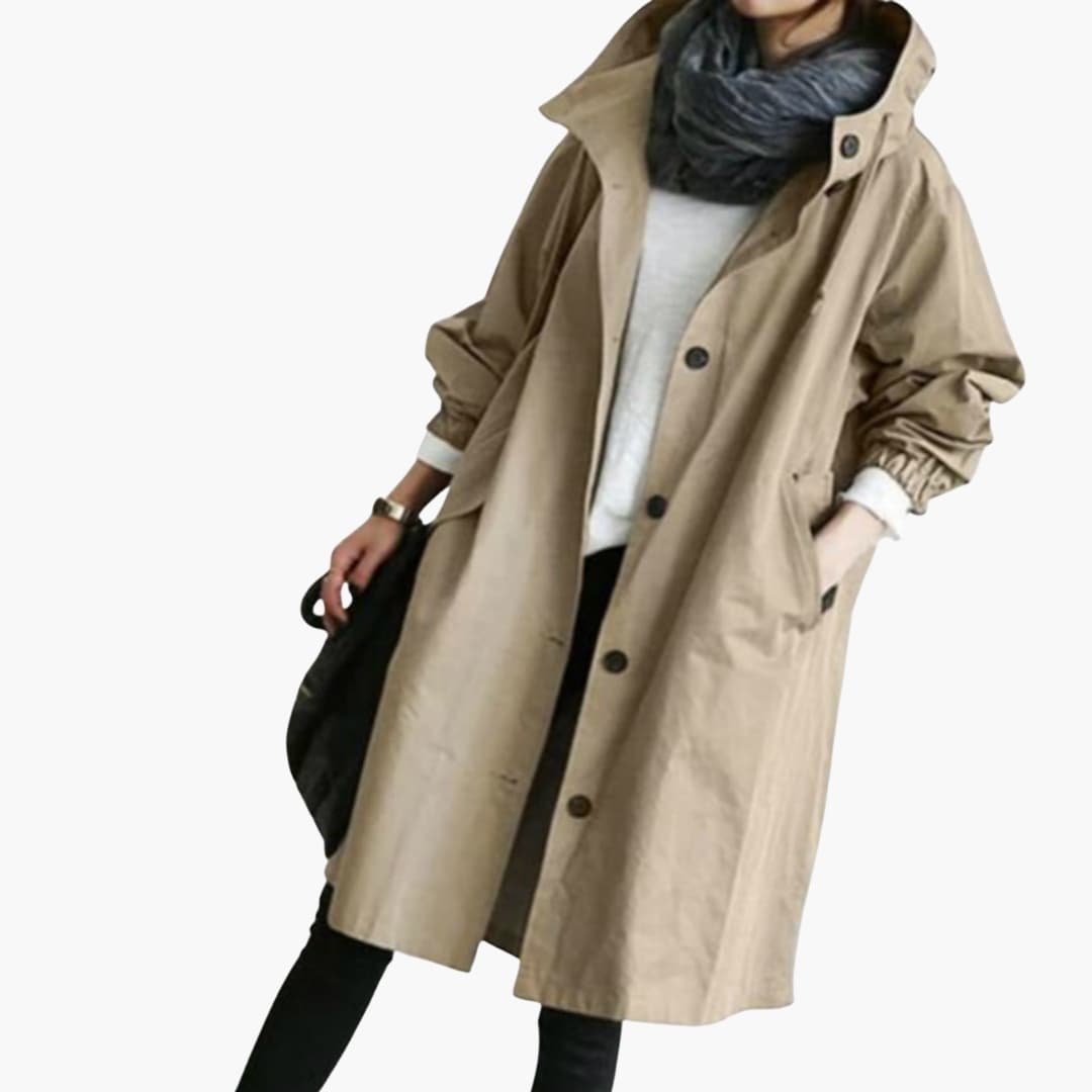Women's structured hooded trench coat classic silhouette button closure front pockets versatile outerwear