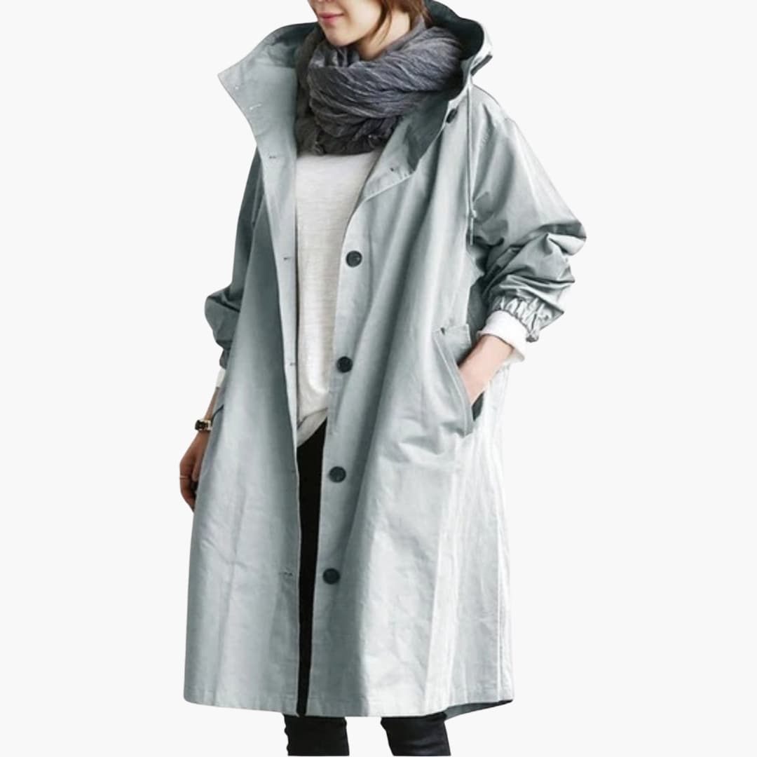 Women's structured hooded trench coat classic silhouette button closure front pockets versatile outerwear