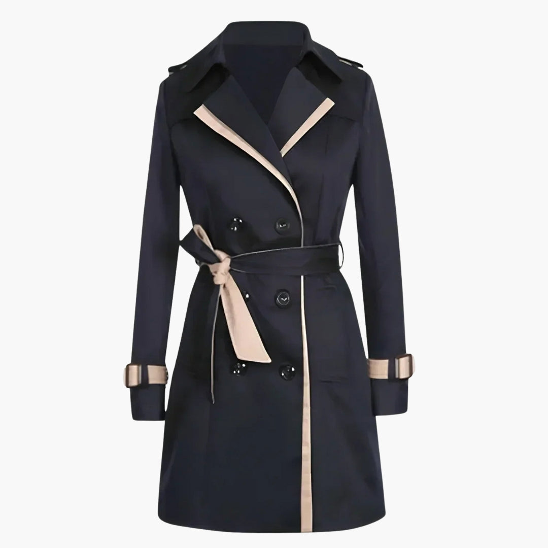 Women's classic belted trench coat with button front, shoulder epaulets, and cuff strap details