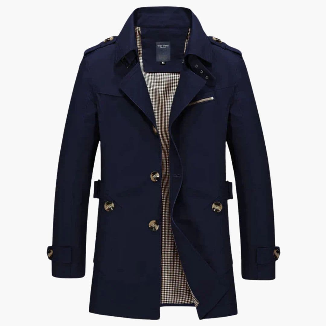 Men's beige trench coat with belt, button closure, notched collar and checkered lining for professionals