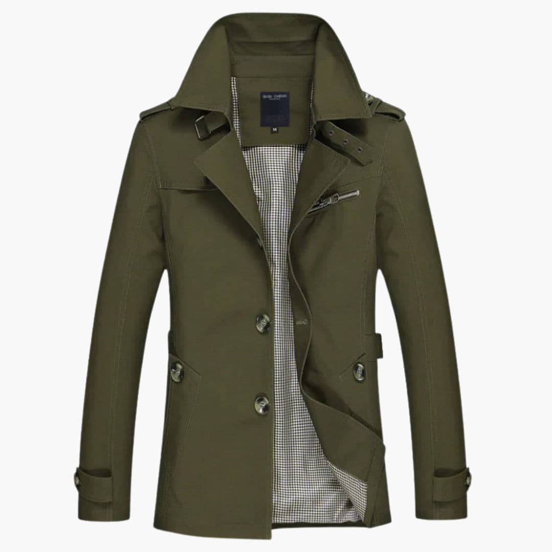 Men's beige belted trench coat notched collar checkered lining structured fit modern professional