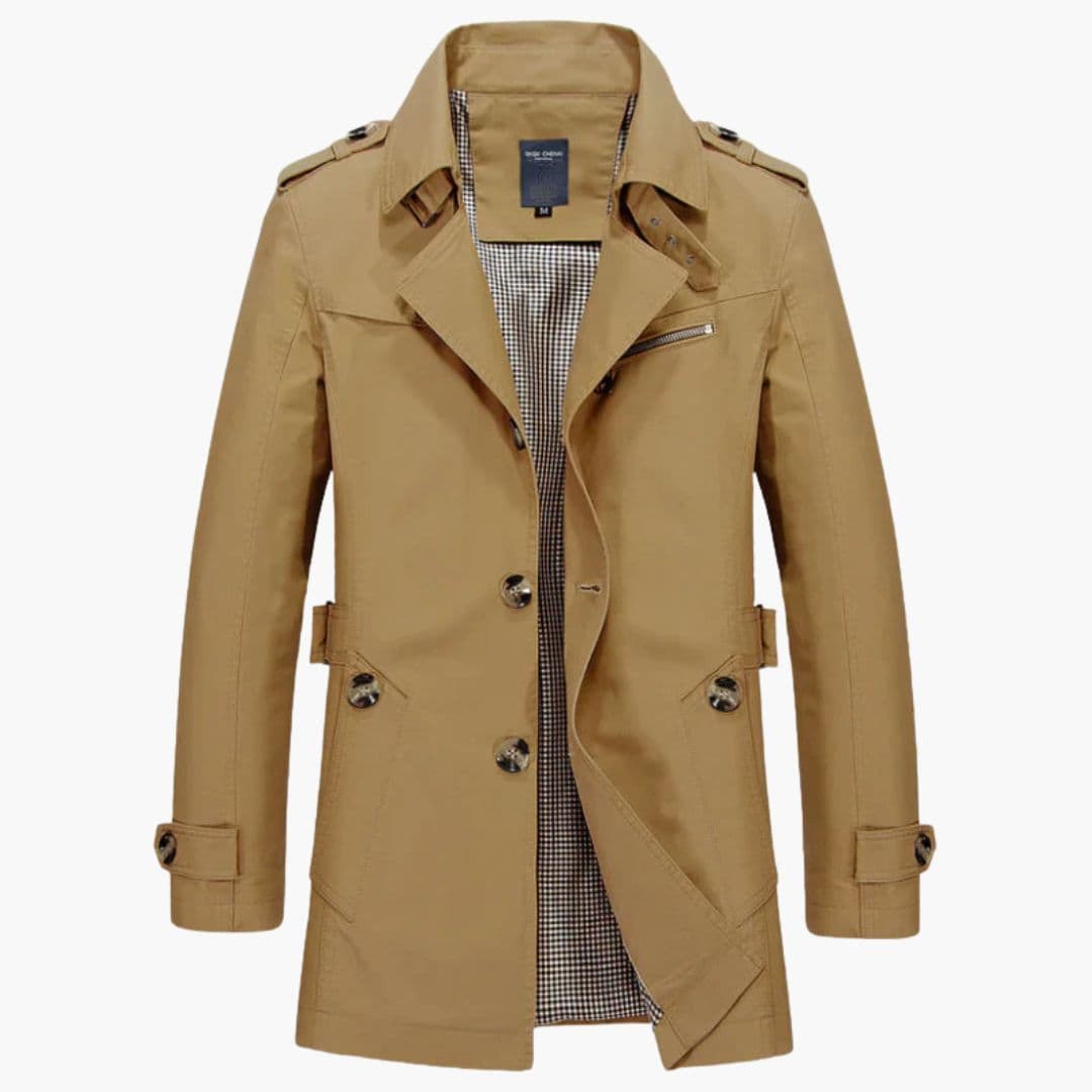 Men's beige trench coat with belt, button closure, notched collar and checkered lining for professionals