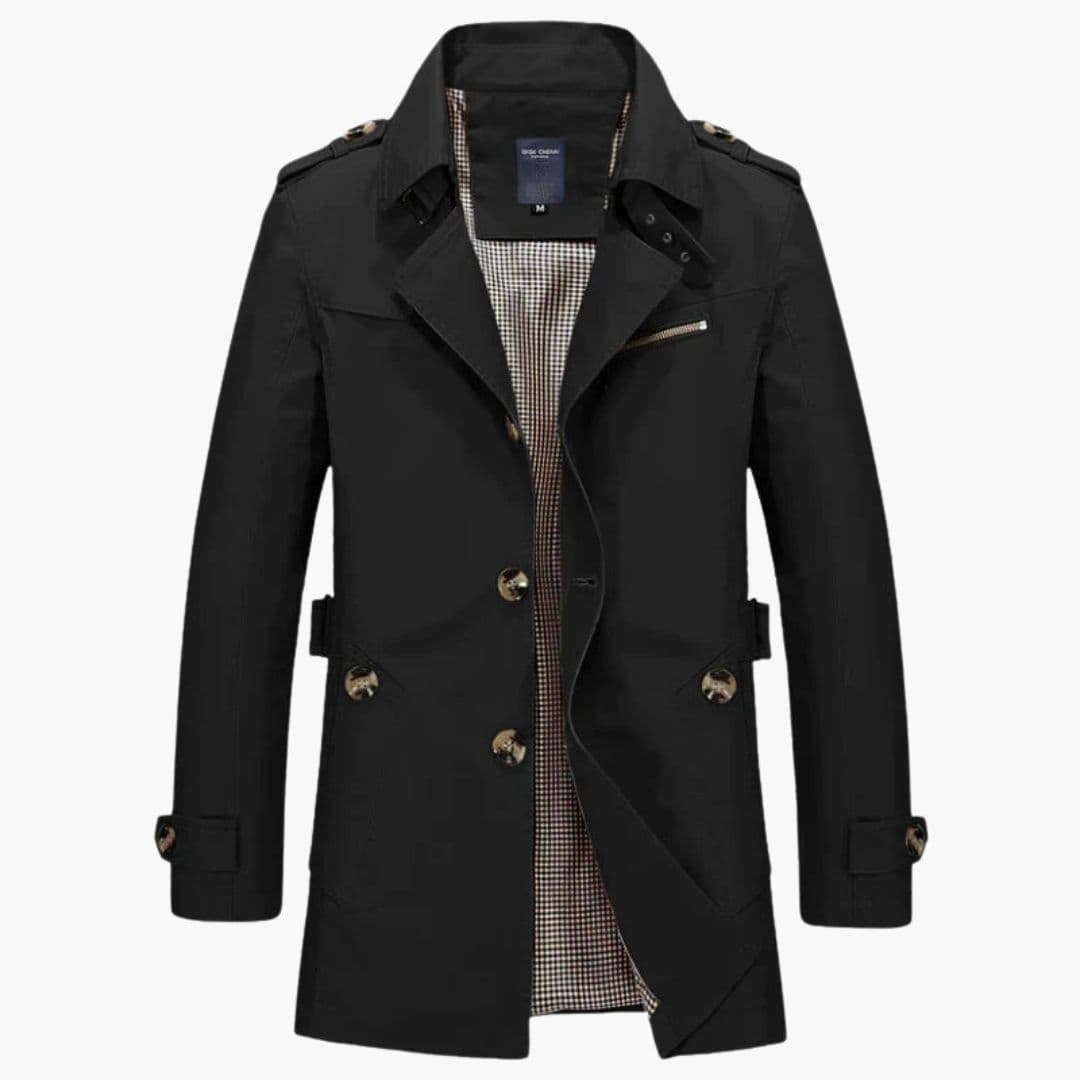 Men's beige trench coat with belt, button closure, notched collar and checkered lining for professionals
