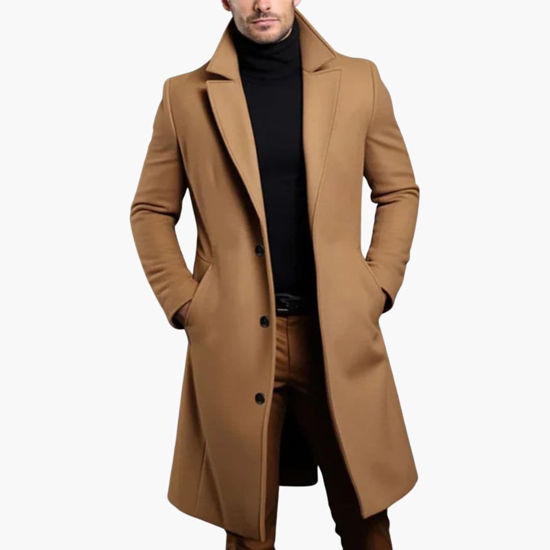 Men's beige long trench coat notched lapel collar knee-length button closure business style