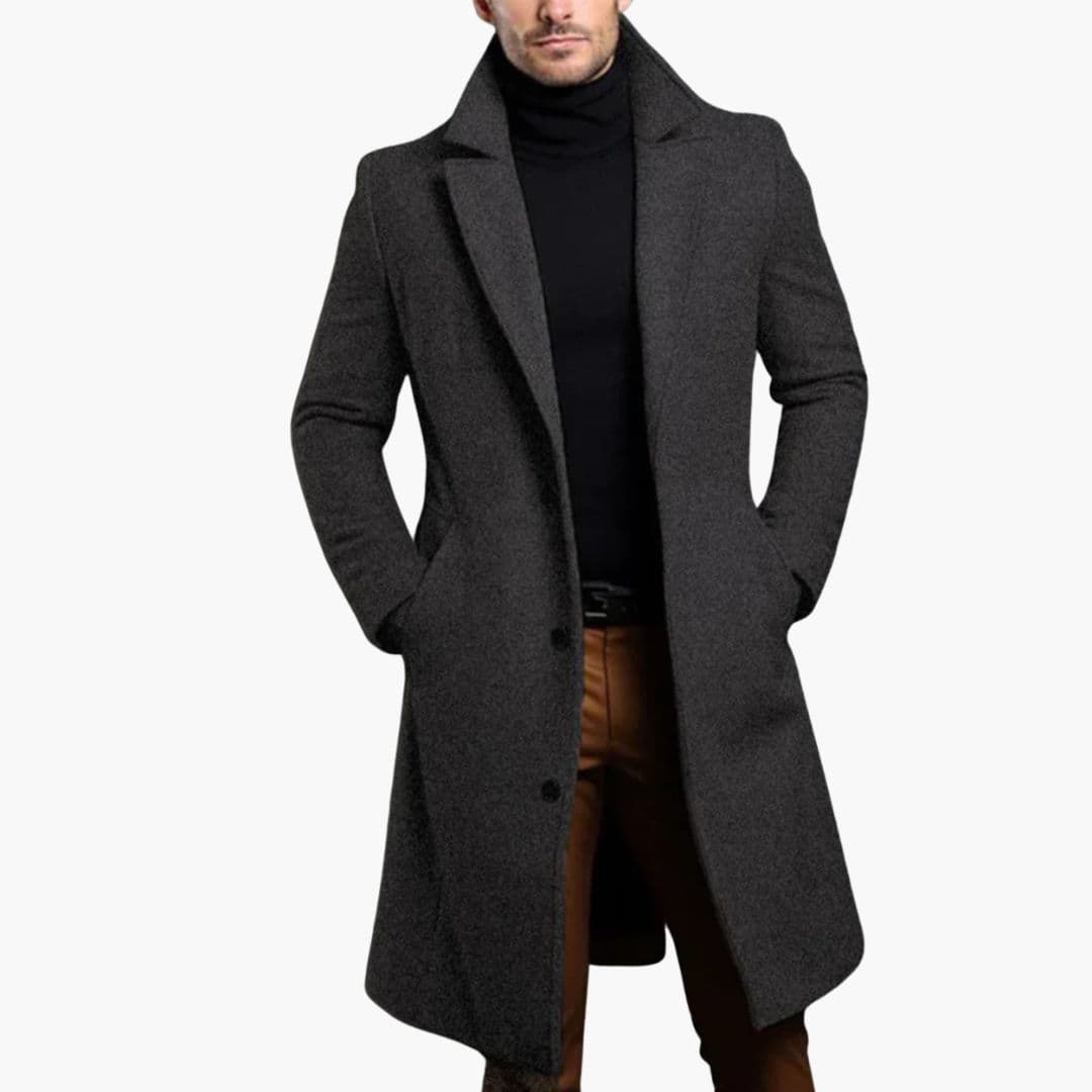 Men's beige knee-length trench coat notched lapel collar button closure business style
