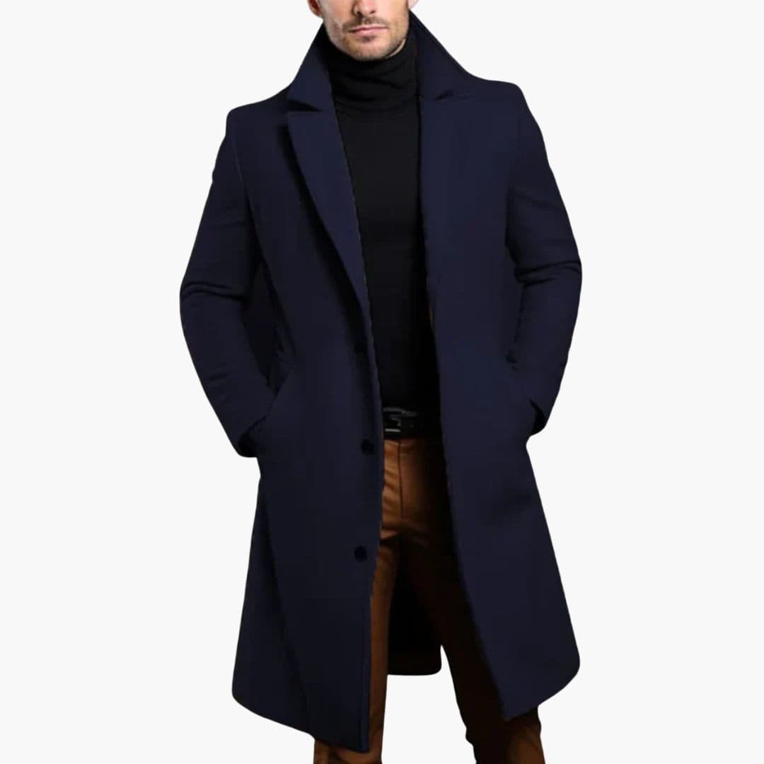 Men's black long trench coat notched lapel collar knee-length button closure business style