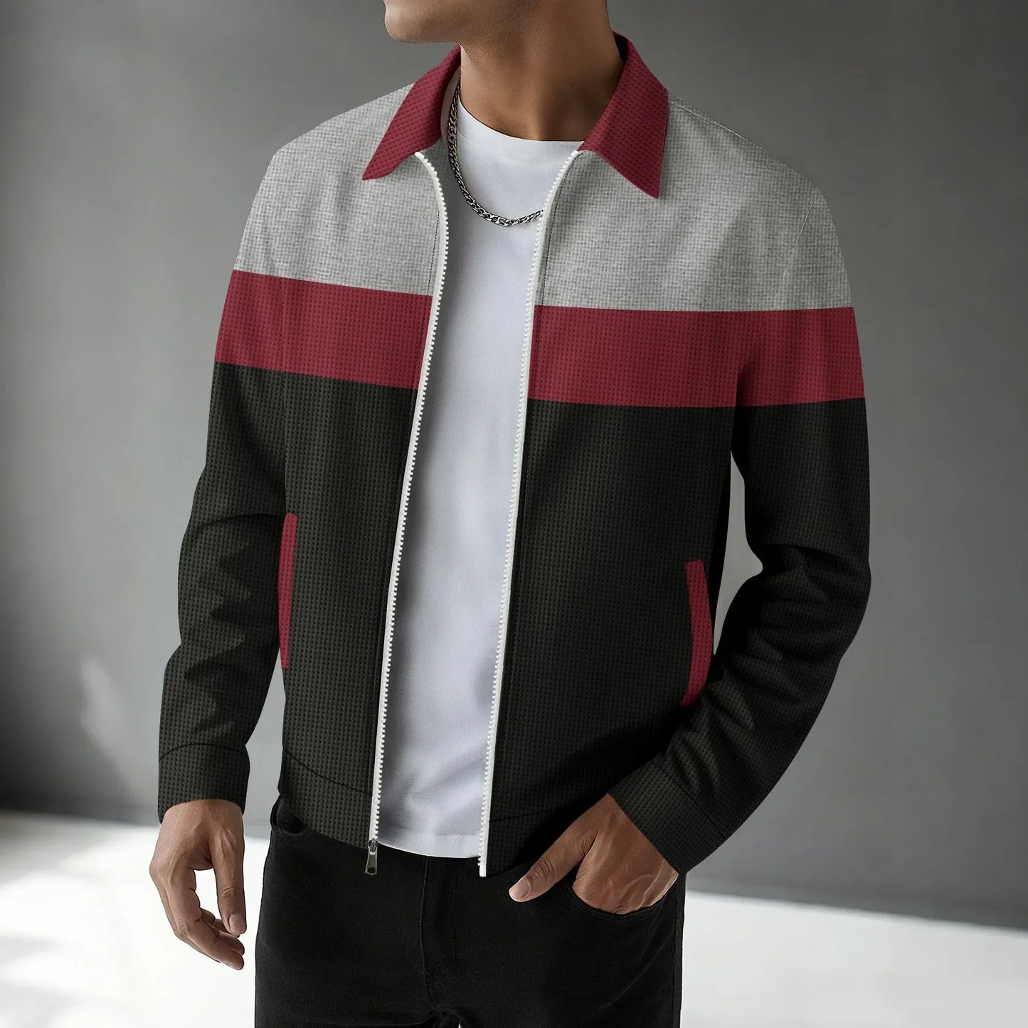 Men's beige waffle knit cardigan jacket with multicolored zipper, casual spring autumn style