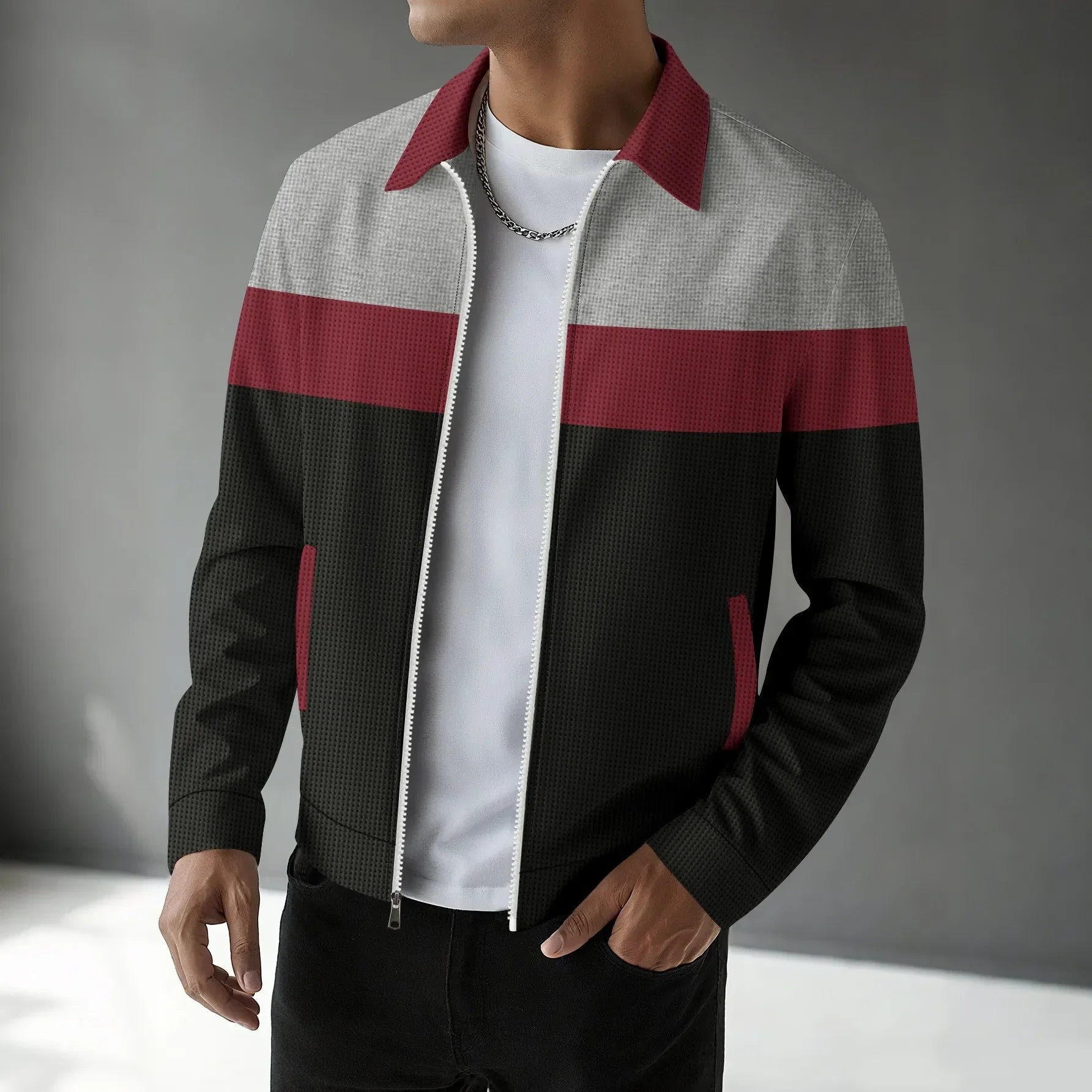 Men's beige waffle knit cardigan jacket with multicolored zipper, casual spring autumn style
