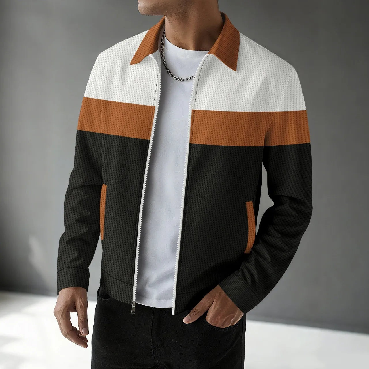Men's waffle knit cardigan jacket with multicolored zipper, textured casual style for spring autumn
