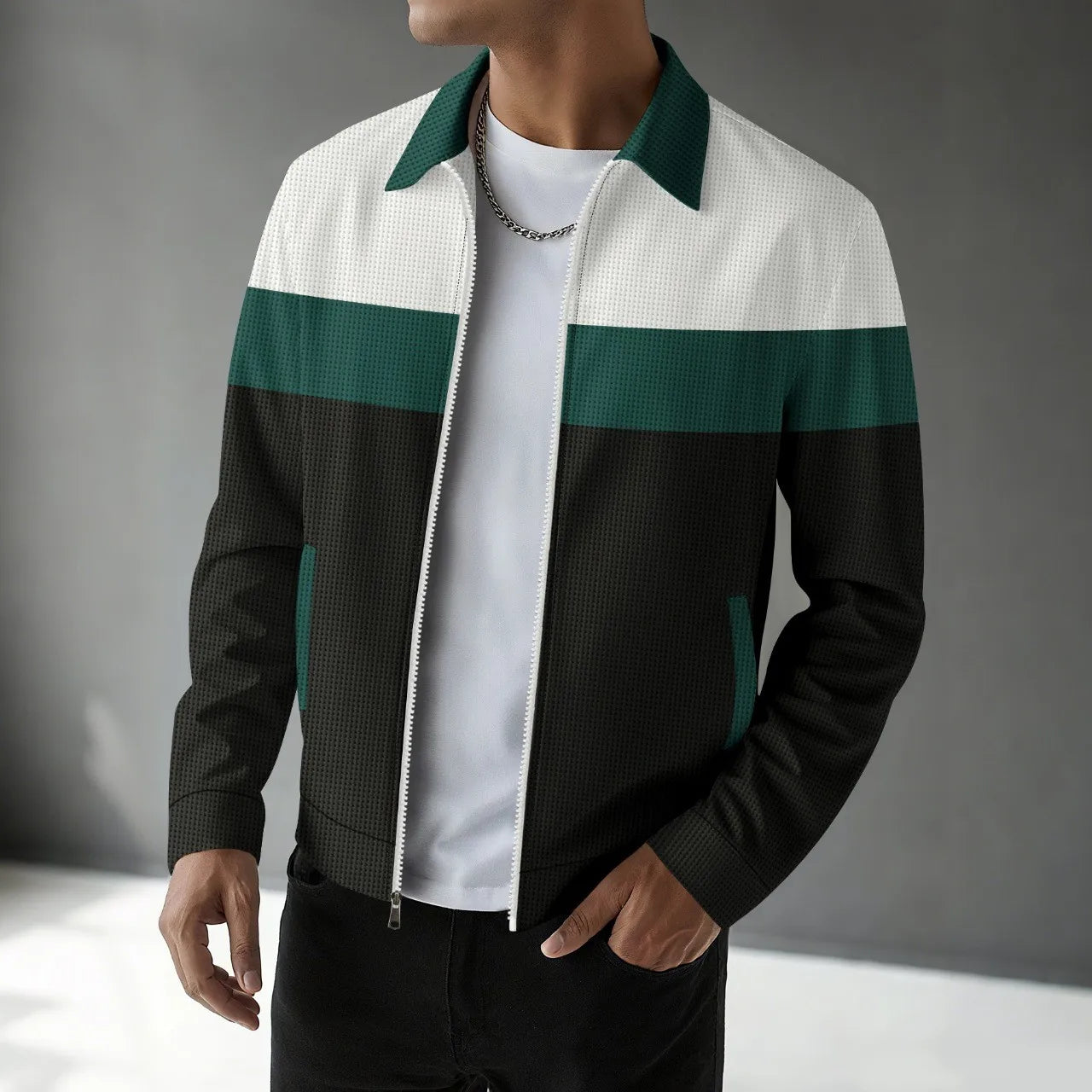 Men's waffle knit cardigan jacket with multicolored zipper, textured casual spring style