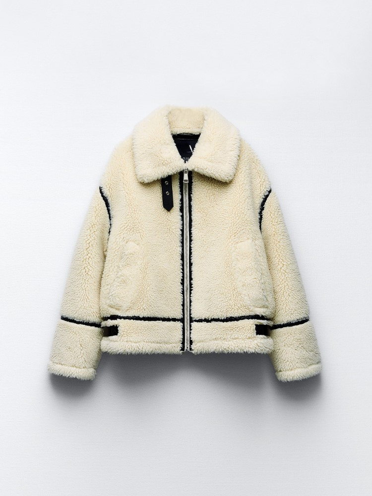 Women's beige teddy fleece jacket cozy winter coat soft elegant festive everyday wear