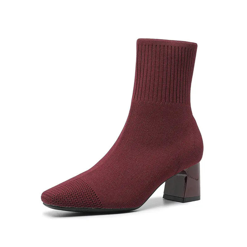 Women's stretchy knit sock boots mid heel ankle boot in neutral tones with seamless sock-like fit