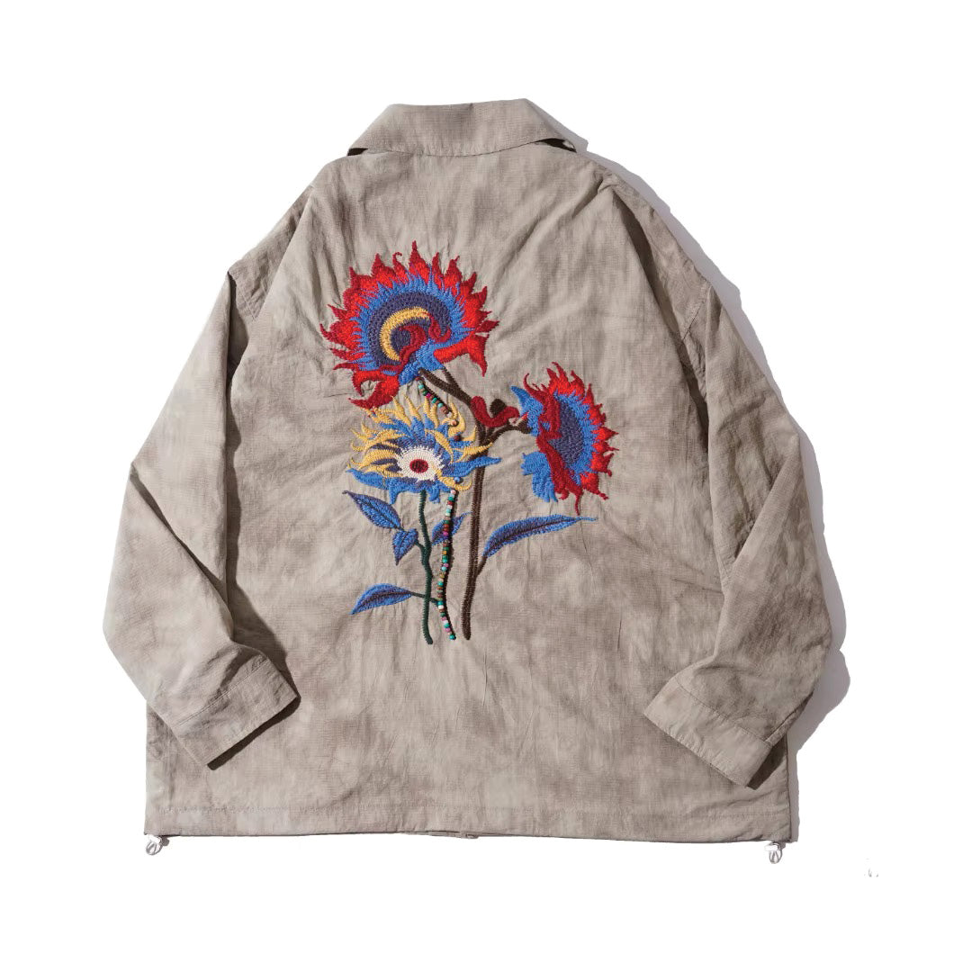 Women's floral embroidered shirt jacket vintage-inspired long sleeve with drawstring hem retro chic
