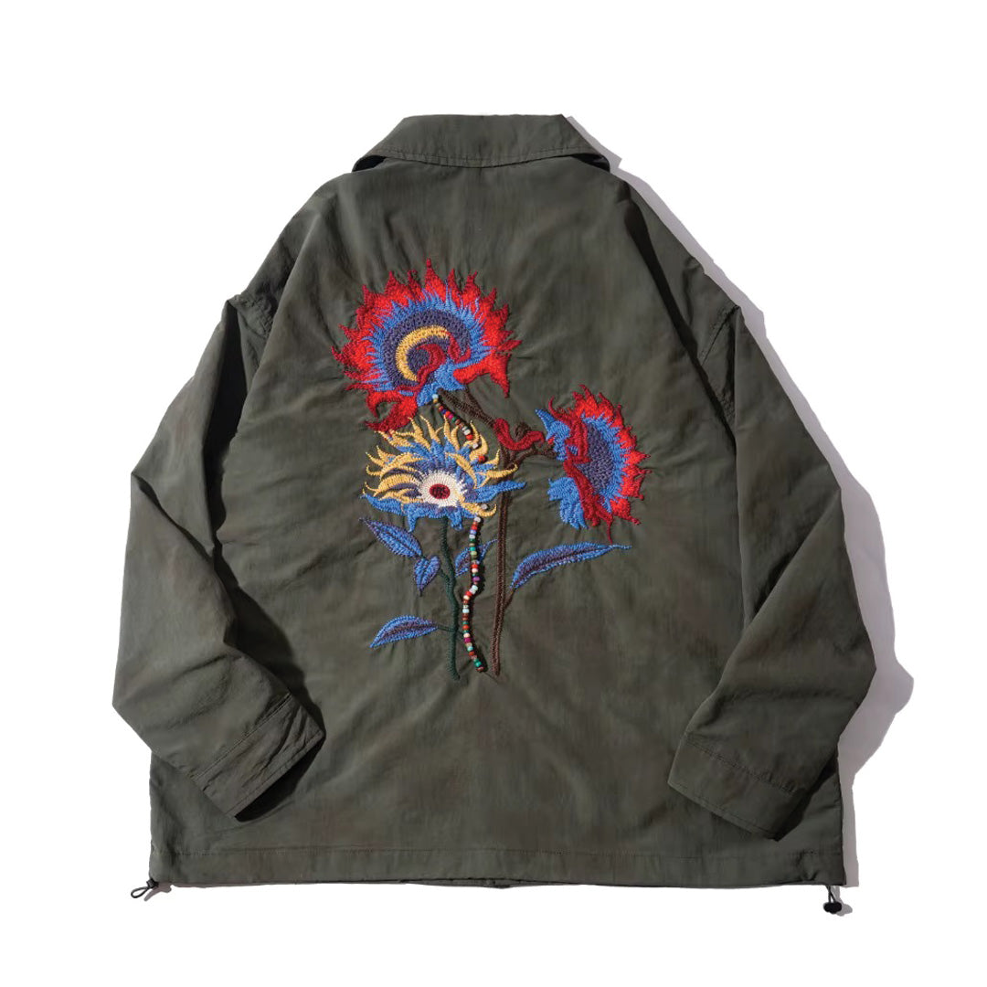 Women's floral embroidered shirt jacket, vintage-inspired long sleeve retro chic top with drawstring hem
