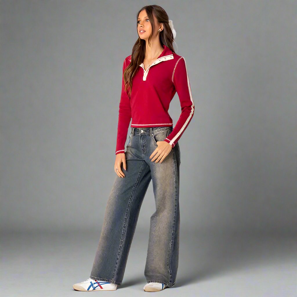 Women's stretch denim low-rise jeans in classic blue with hip-flattering cut for all-day comfort