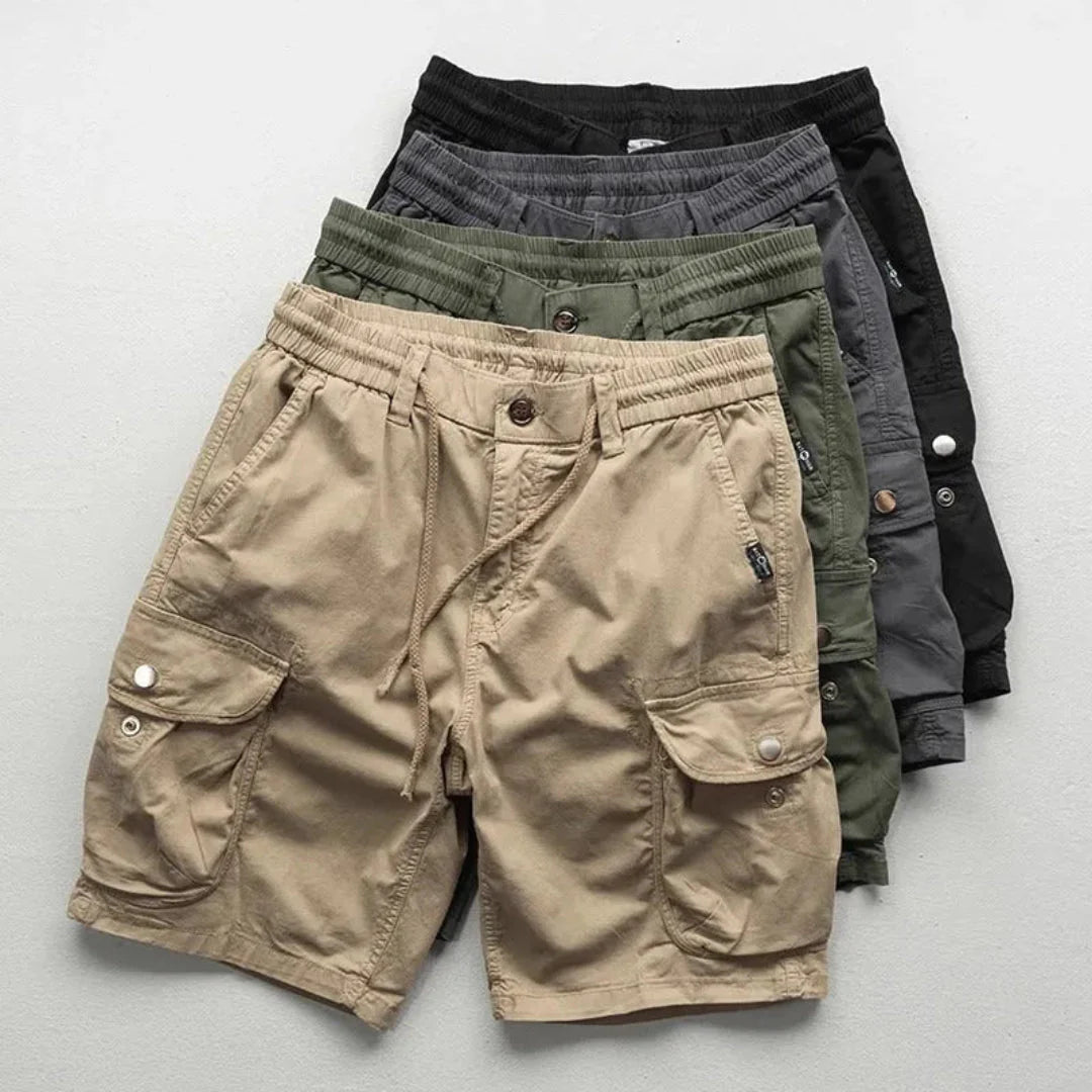 Men's beige cotton cargo shorts relaxed fit with elastic waistband and multi-pocket design for hiking