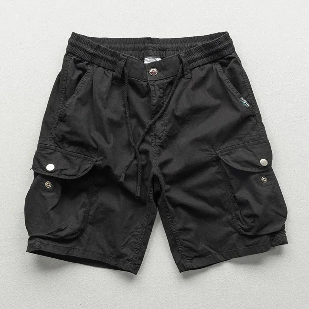 Men's khaki relaxed fit cargo shorts breathable cotton elastic waistband for hiking and travel