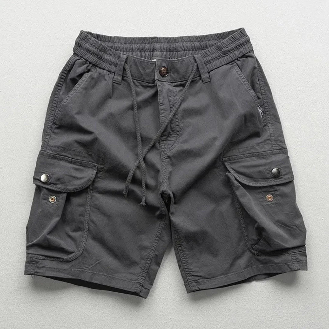 Men's khaki relaxed fit cargo shorts breathable cotton elastic waistband for hiking and travel