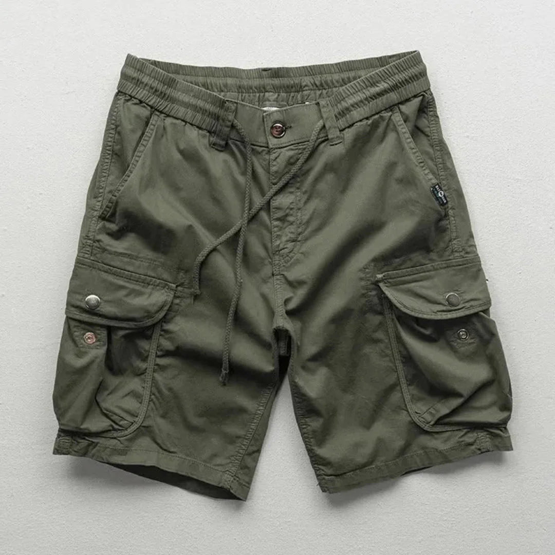 Men's beige cotton cargo shorts relaxed fit with elastic waistband and multi-pocket design for hiking