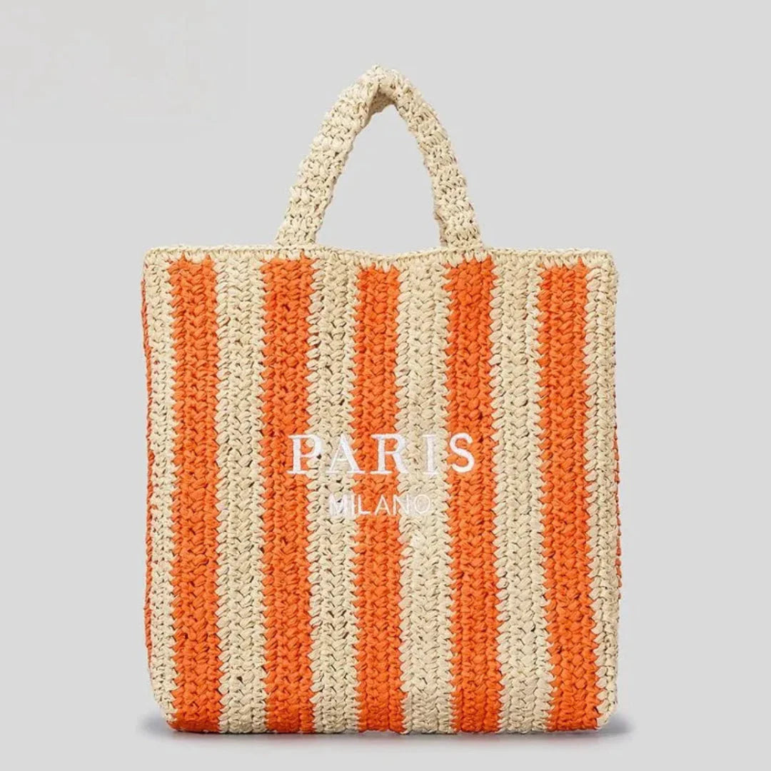 Handcrafted woven straw tote bag bold vibrant stripes lightweight beach market casual women