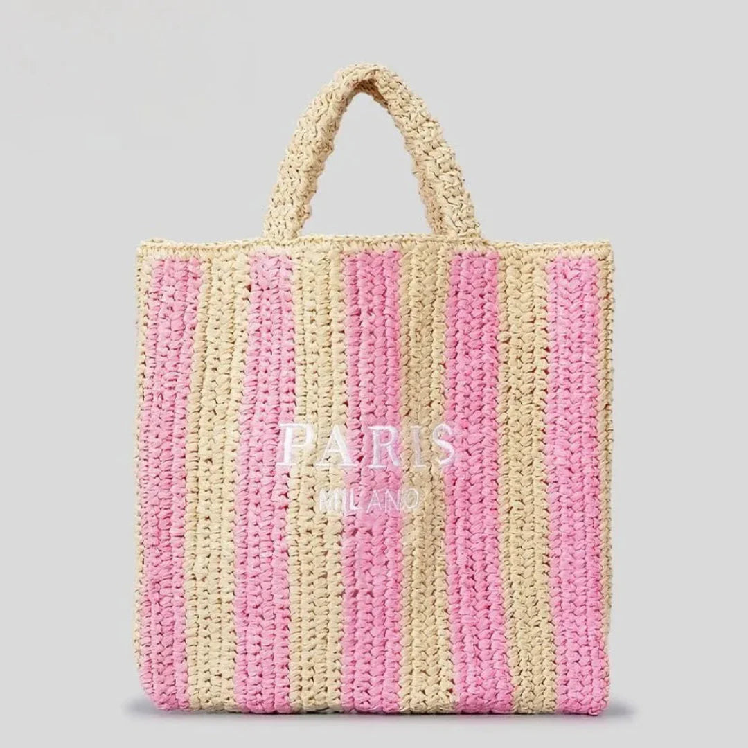 Handcrafted woven straw tote bag with bold vibrant stripes, lightweight beach carryall for women