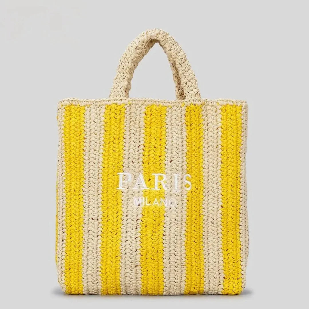 Handcrafted woven straw tote bag bold vibrant stripes lightweight beach market casual women