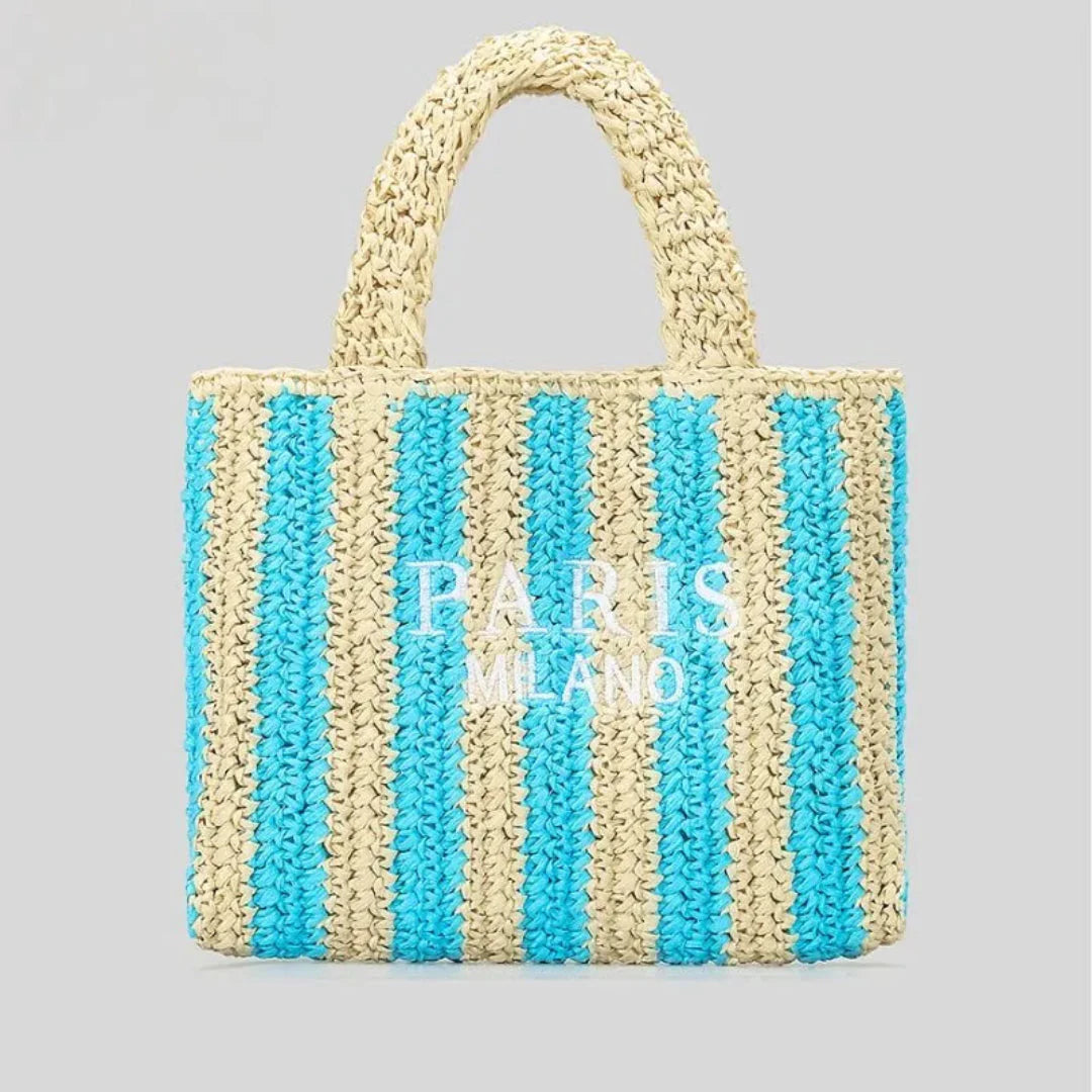 Handcrafted woven straw tote bag bold vibrant stripes lightweight beach market casual womens tote