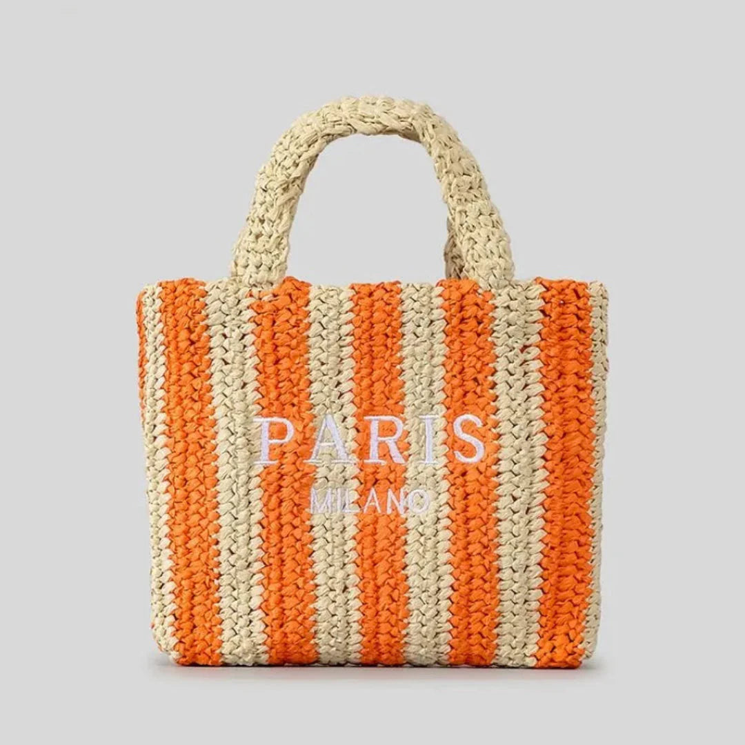 Handcrafted woven straw tote bag bold vibrant stripes lightweight beach market casual women