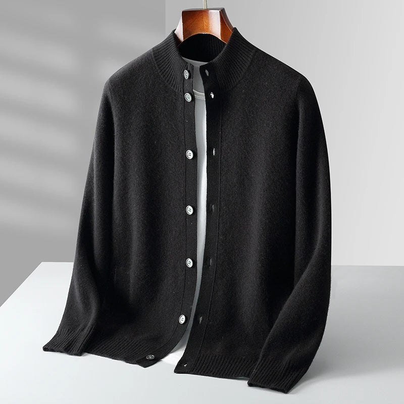 Camel cashmere cardigan stand collar minimalist knit sophisticated layering piece for professionals