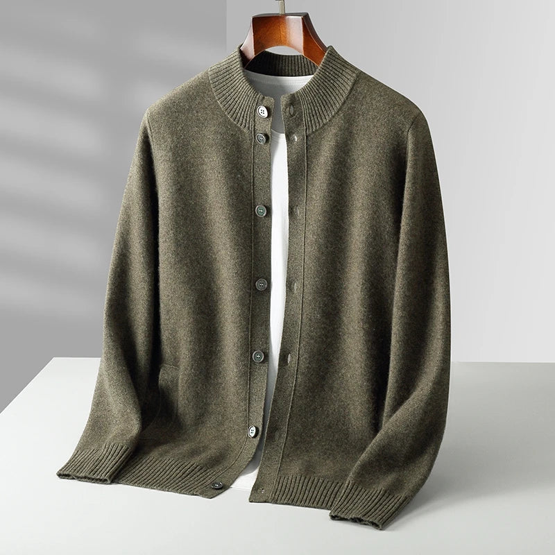 Ivory cashmere cardigan with stand collar, minimalist knit design for sophisticated professional layering