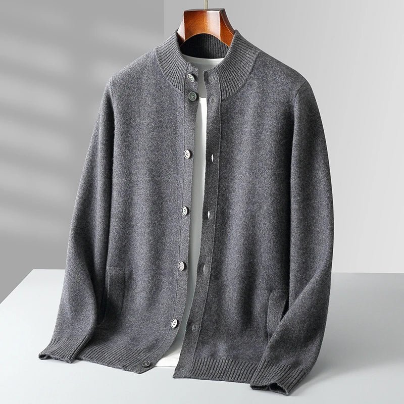 Camel cashmere cardigan with stand collar, minimalist cut for sophisticated professional layering