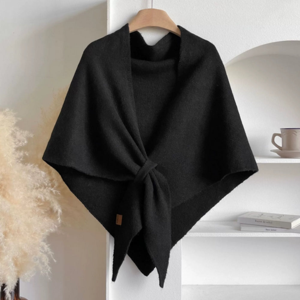 Women's wool poncho shawl cape with knotted front detail, draped fit, cozy and elegant outerwear