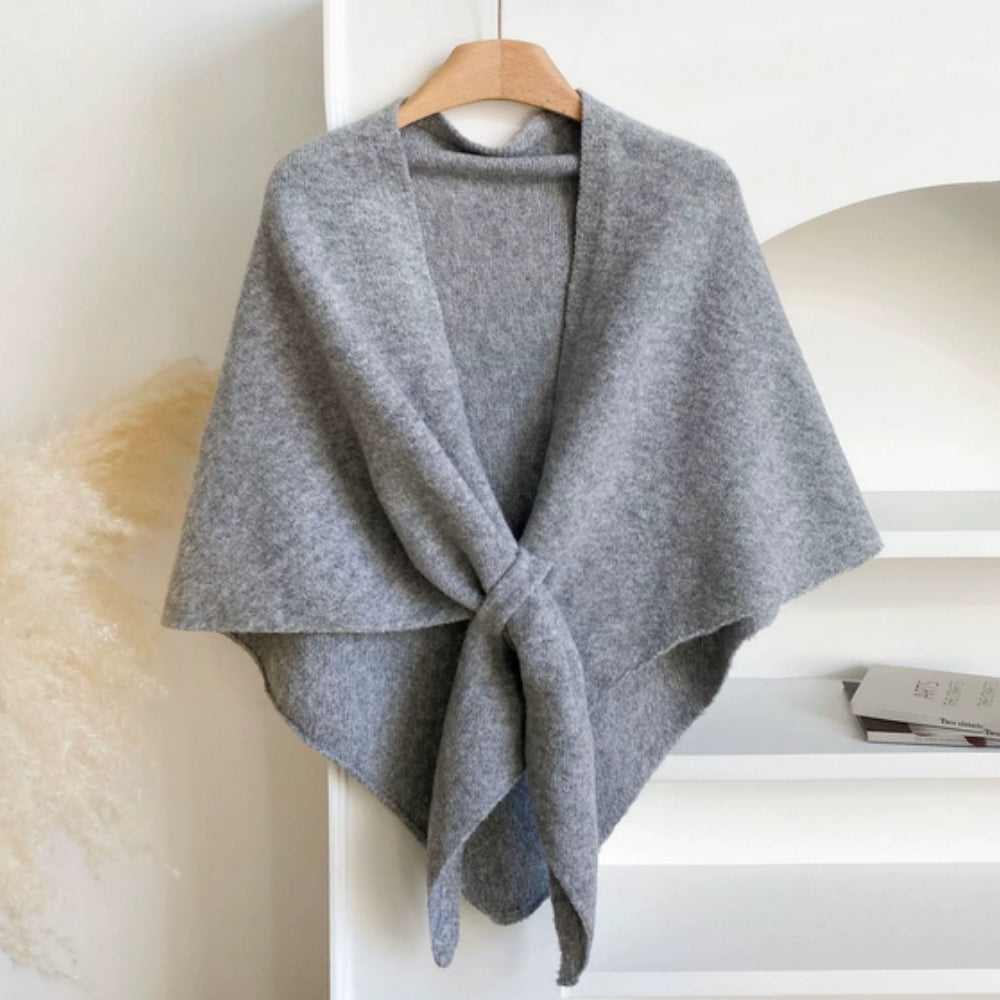 Women's wool poncho cape shawl in neutral tones with knotted front draped fit for cozy elegant style