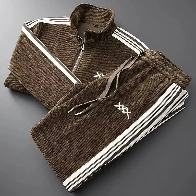 Gray ribbed cotton tracksuit set half-zip pullover with signature stripes, casual athletic style