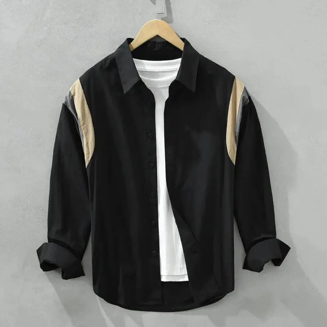 Men's colorblock cotton long sleeve shirt relaxed fit with contrast shoulder panels casual style