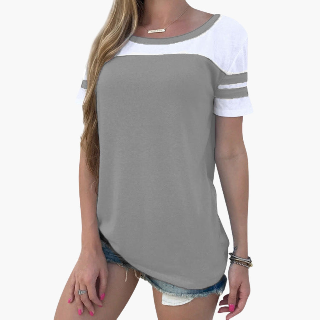 Women's loose fit sport tee round neck with striped contrast sleeves for athleisure training