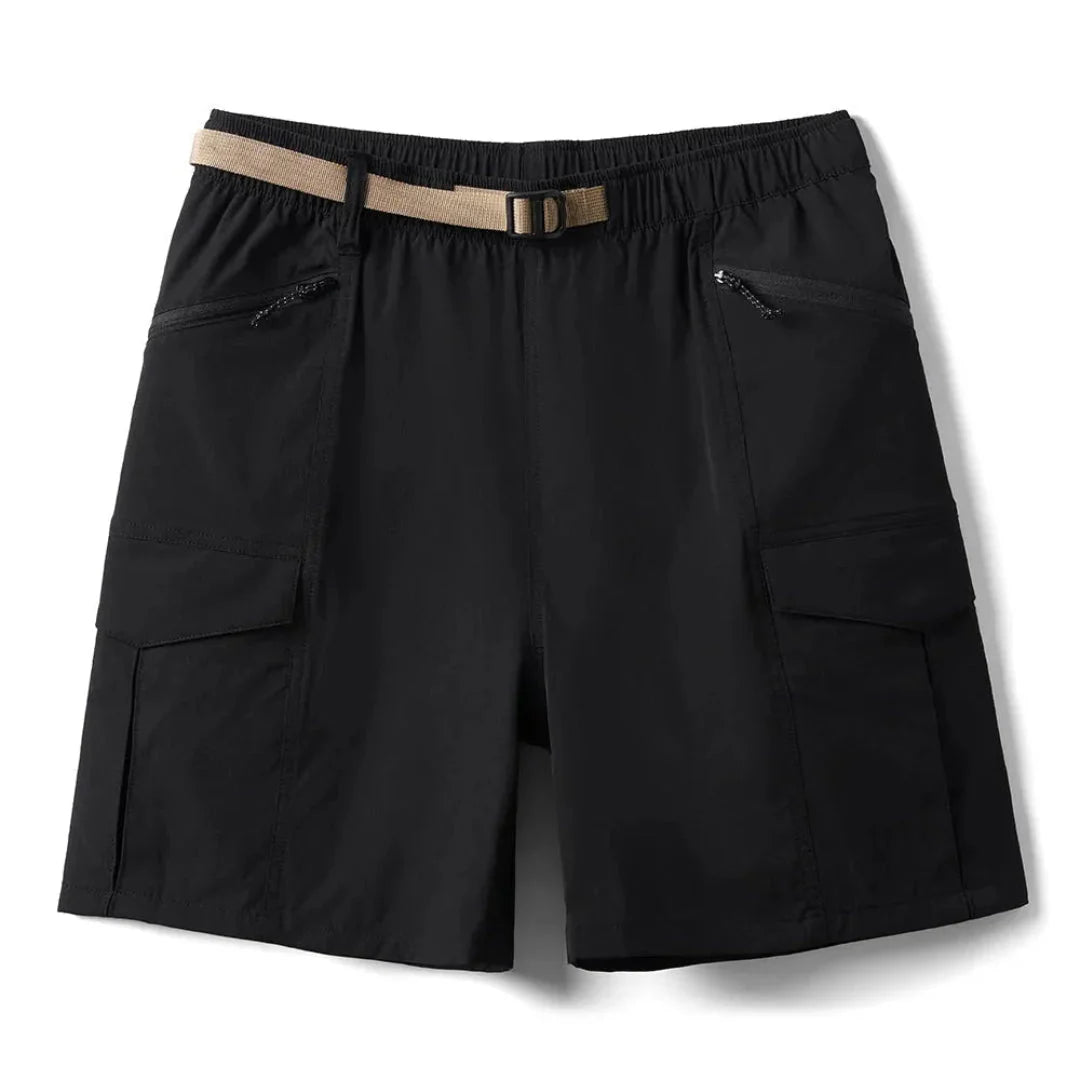 Men's khaki cargo shorts quick-dry nylon blend elastic waist with adjustable belt and multi-pocket design